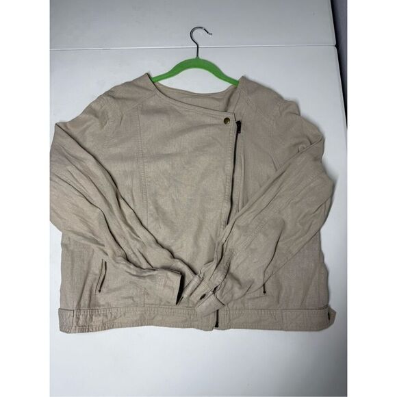 GAP Solid Tan Fitted Linen Moto Shine Jacket Lightweight Sz L Full Zip *Notes - Picture 5 of 13